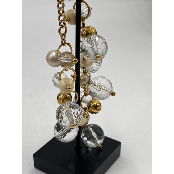 Kate Spade Signed Gold Tone Pearl and Faceted Clear Beaded Cha Cha Bracelet - Picture 7 of 9